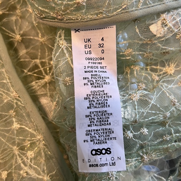 ASOS EDITION SEQUINED SHEER PART DRESS SZ 0 OVERSIZED MINT GREEN GOLD THREADING - Picture 5 of 10